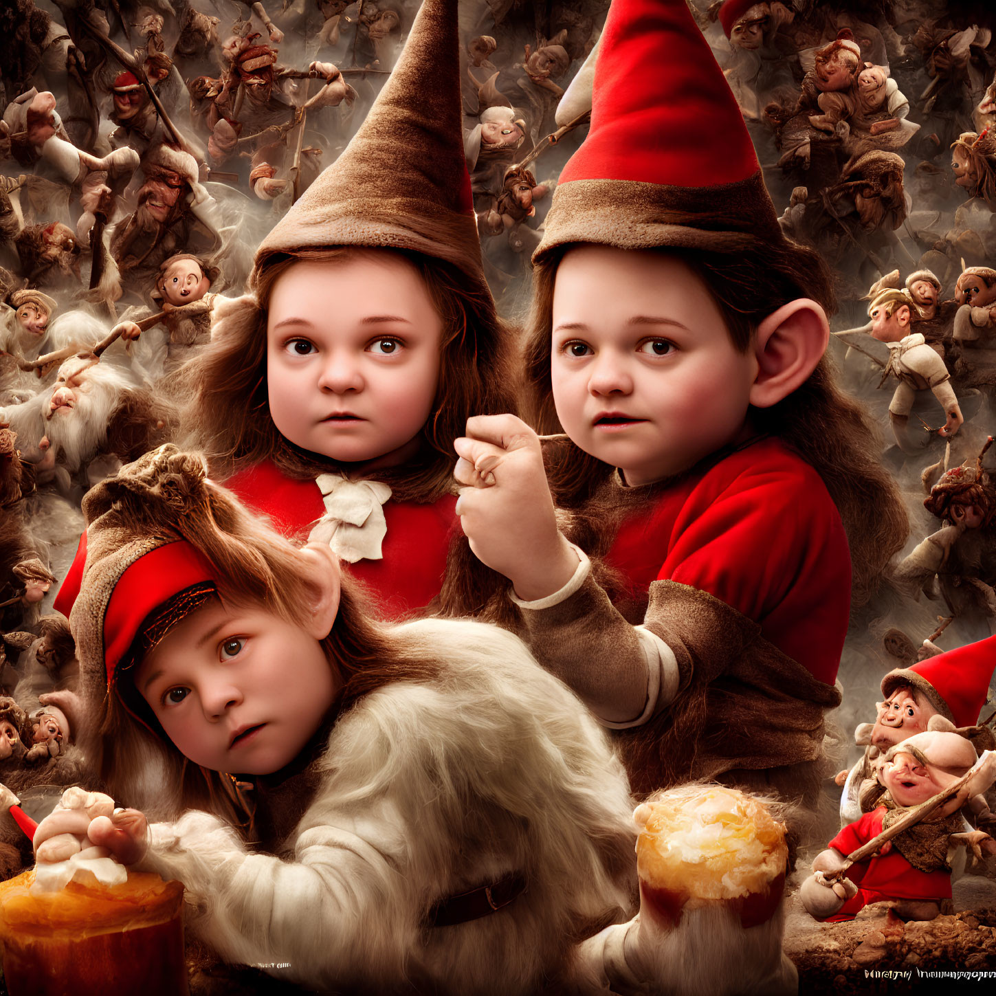 Children in whimsical gnome costumes with flying monkeys in a fairytale setting.
