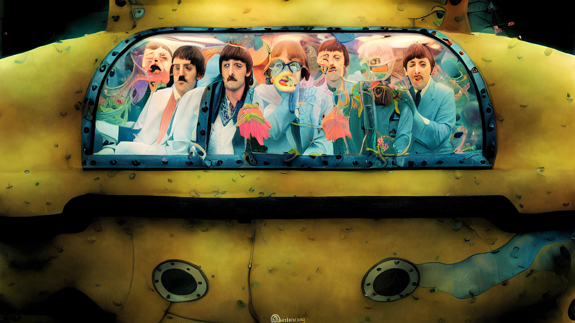 Colorful illustration of animated band characters in submarine-shaped vehicle