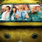 Colorful illustration of animated band characters in submarine-shaped vehicle