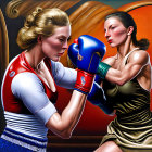 Digital artwork: Muscular older man and fit young woman in boxing stance with gloves.