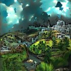 Eerie painting of ancient hilltop town under dramatic sky