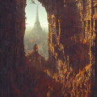 Intricate, towering cityscape with warm sunlight and deep shadows