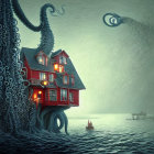 Illustration of red house with octopus tentacles, foggy ambiance, and boat on water