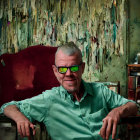 Man in Green Sunglasses Poses Against Abstract Background
