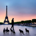 Silhouette of person walking dogs by Seine River with Eiffel Tower at sunset