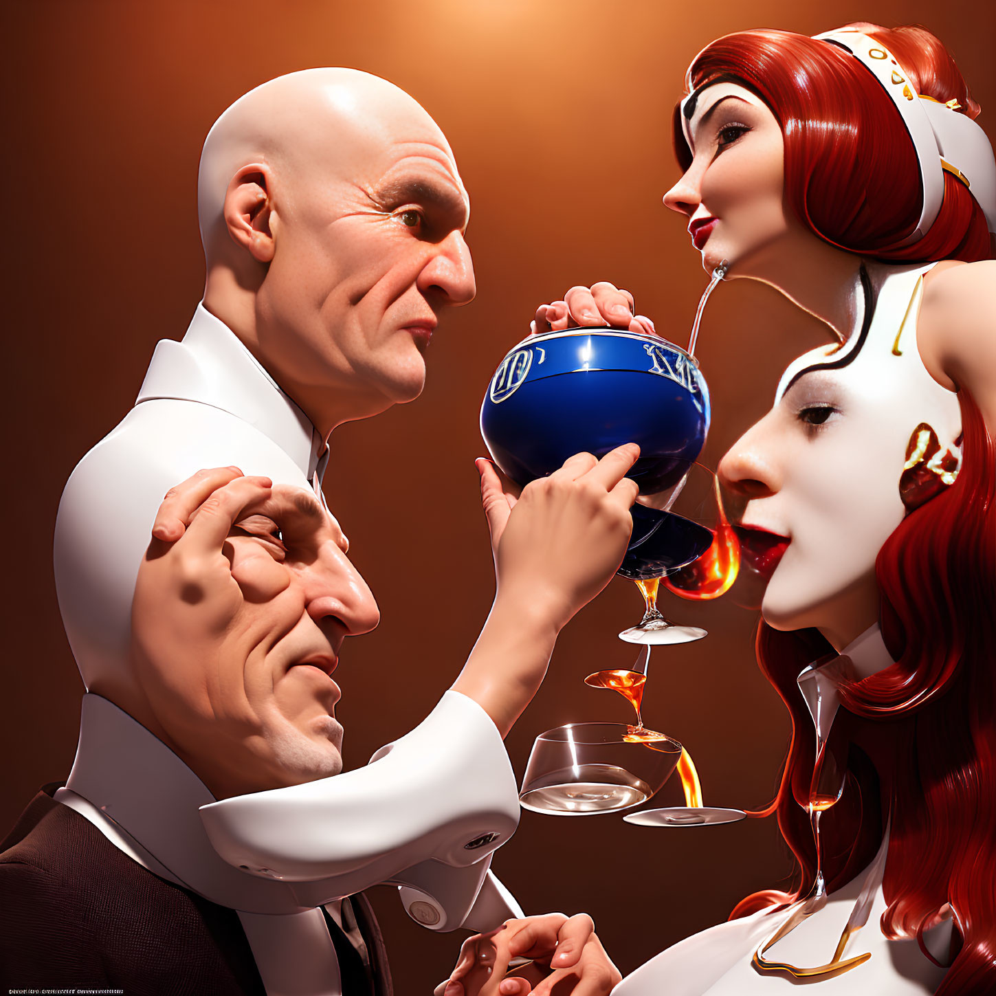 Stylized 3D artwork featuring two men and a woman with exaggerated expressions.