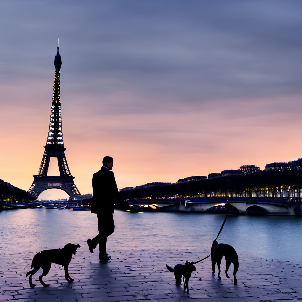 Silhouette of person walking dogs by Seine River with Eiffel Tower at sunset