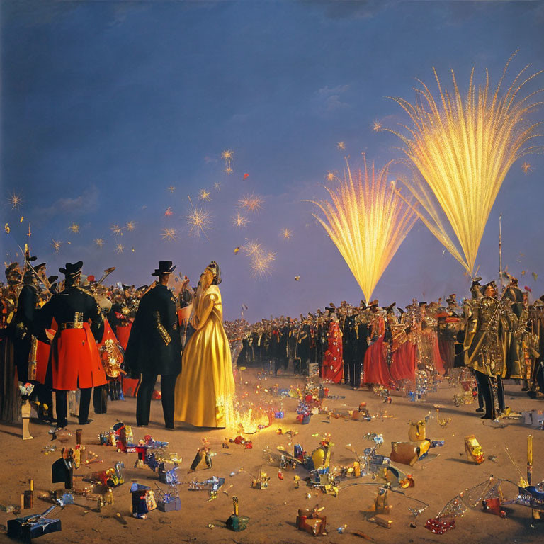 Historical costume party under fireworks at dusk with littered remnants.