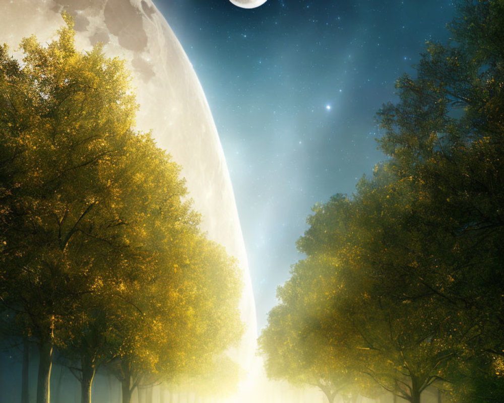 Surreal landscape with oversized full moon and glowing pathway