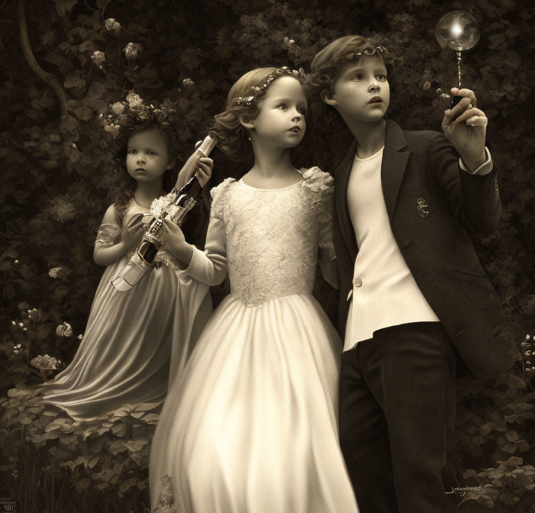 Three children in formal attire standing in a garden: two girls with a violin and gazing ahead,