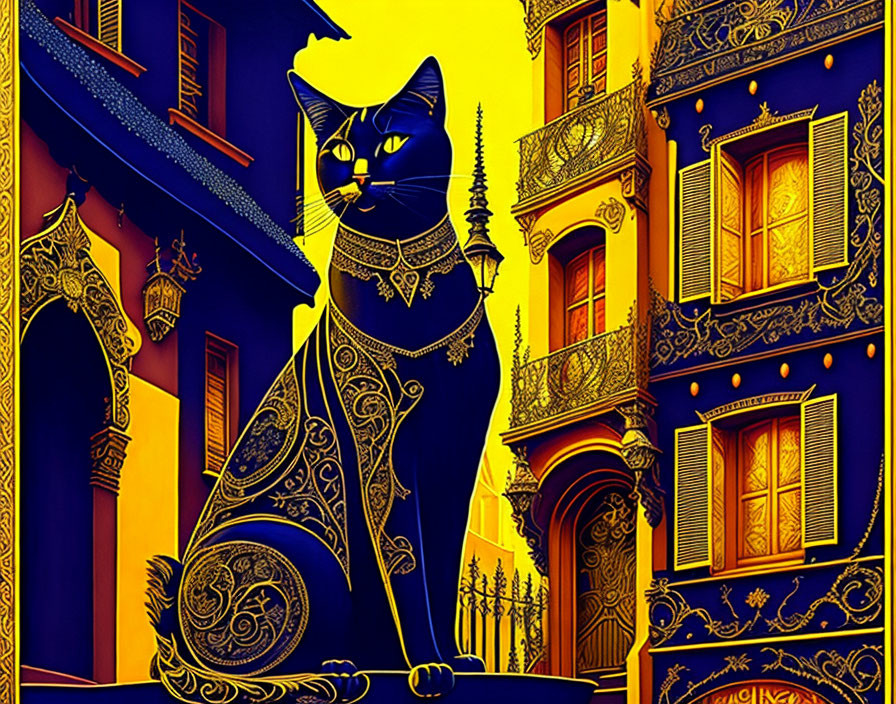 Stylized black cat illustration with intricate patterns against ornate yellow and blue buildings