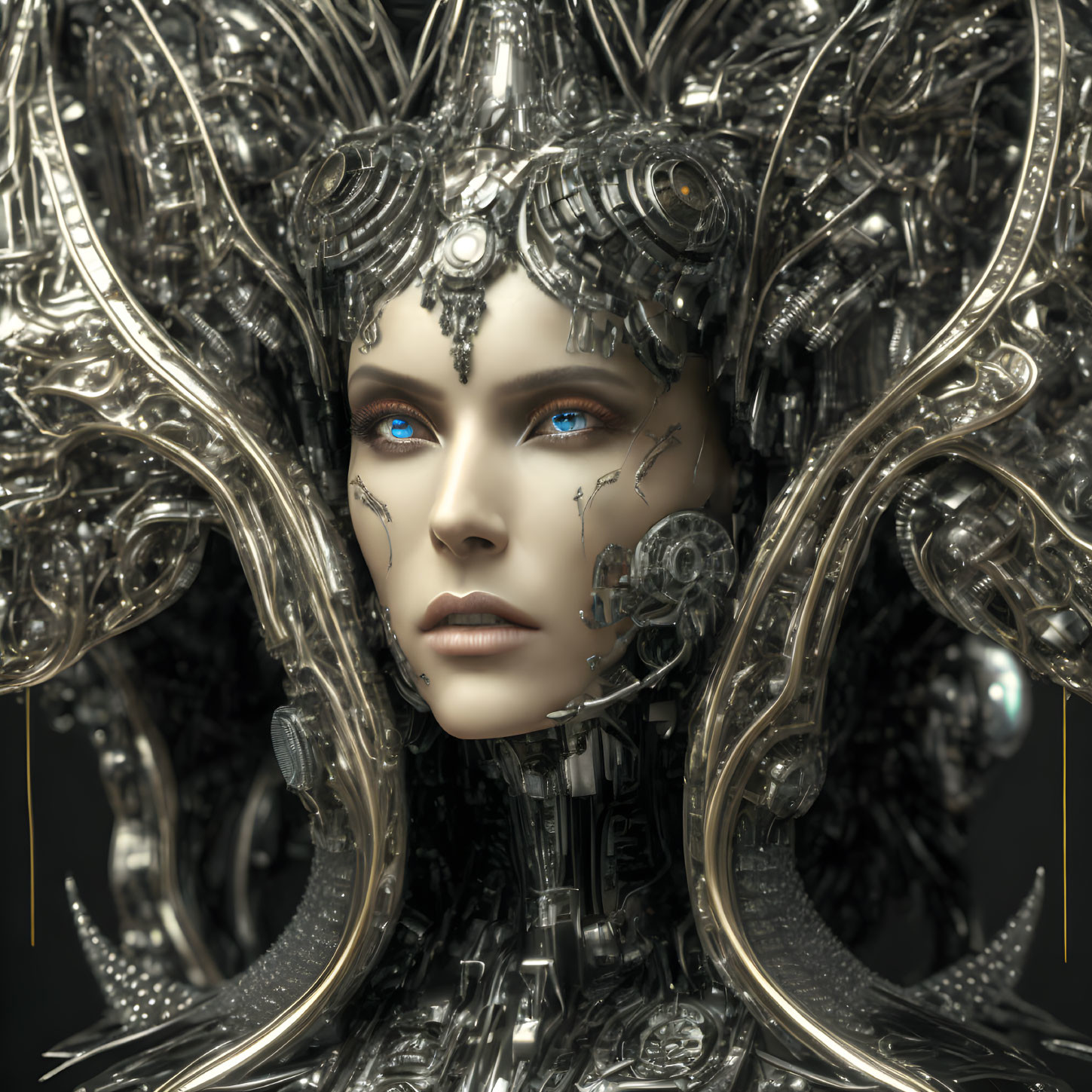 Detailed Female Robot with Silver Headgear and Blue Eyes on Dark Background