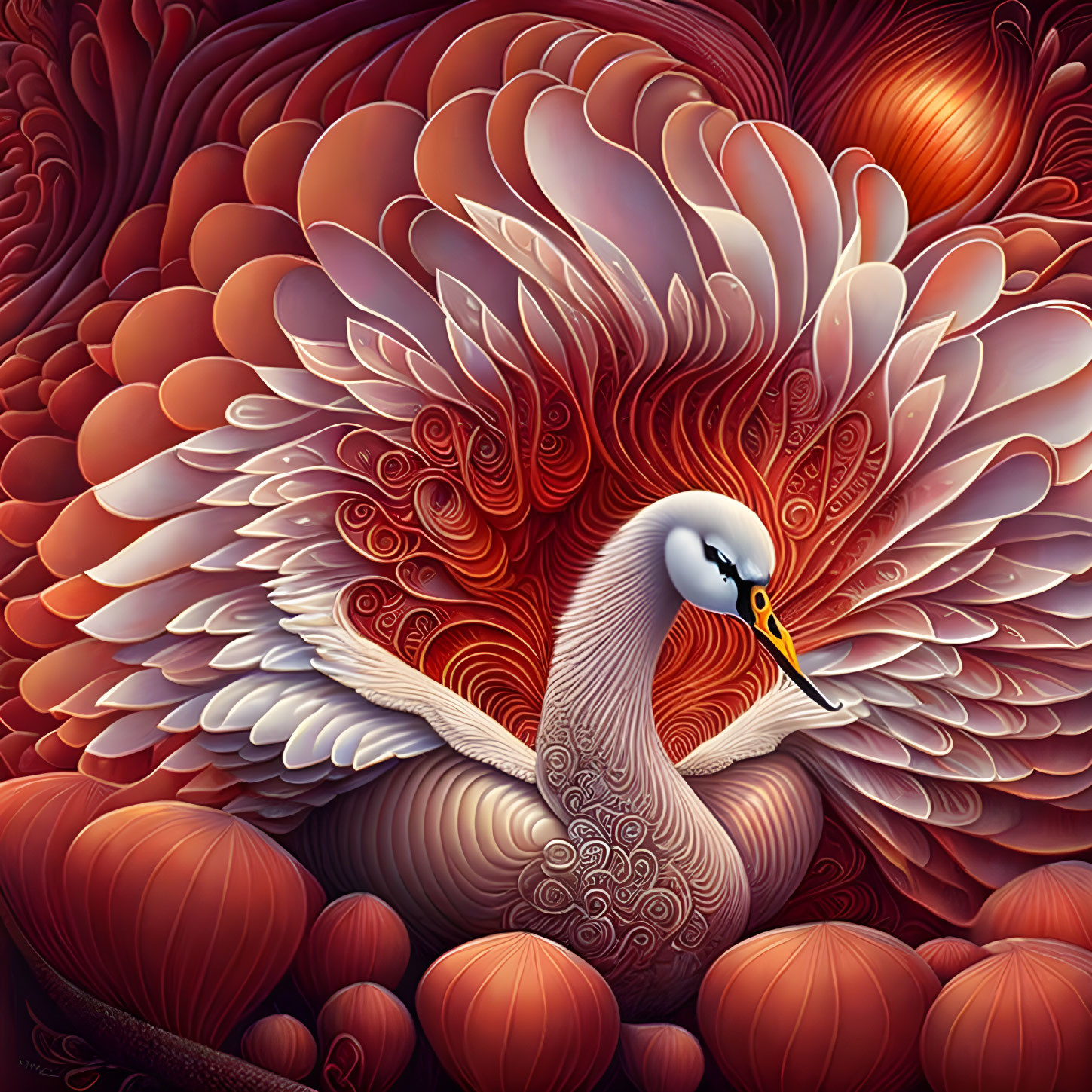 Stylized swan with intricate feather patterns on ornate floral backdrop