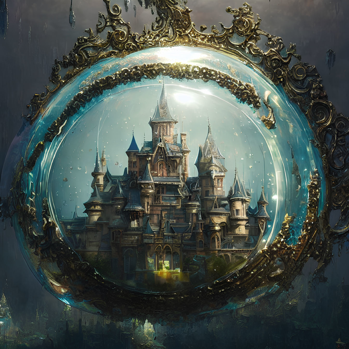 Golden Frame Surrounds Magical Sphere Showing Fantasy Castle