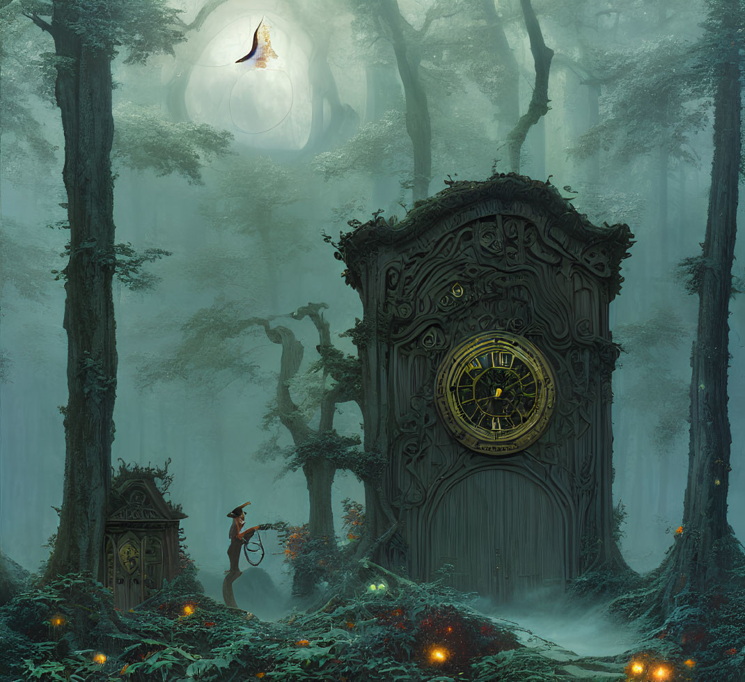 Enchanted forest with oversized clock door, person on bicycle, luminous plants, and moon in