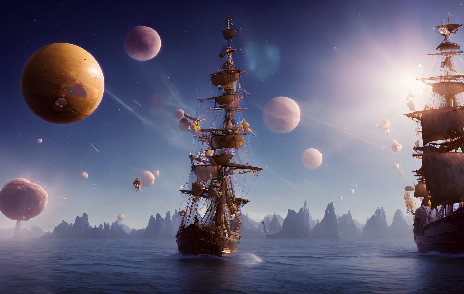 Fantastical planets and moons over serene ocean with sailing ships