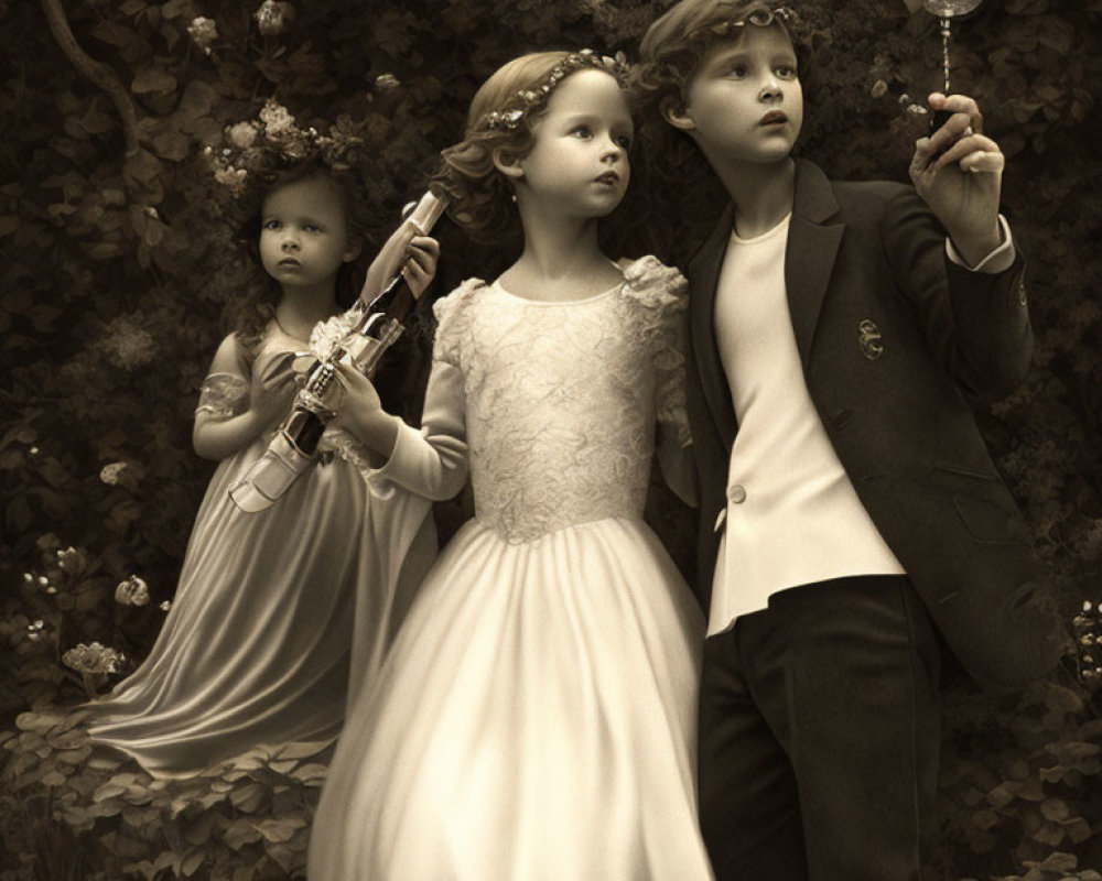 Three children in formal attire standing in a garden: two girls with a violin and gazing ahead,