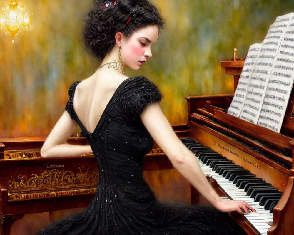 Woman in black dress playing grand piano with elegant updo in warmly lit room