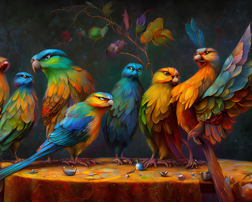 Colorful Stylized Birds Perched on Branch in Enchanted Forest