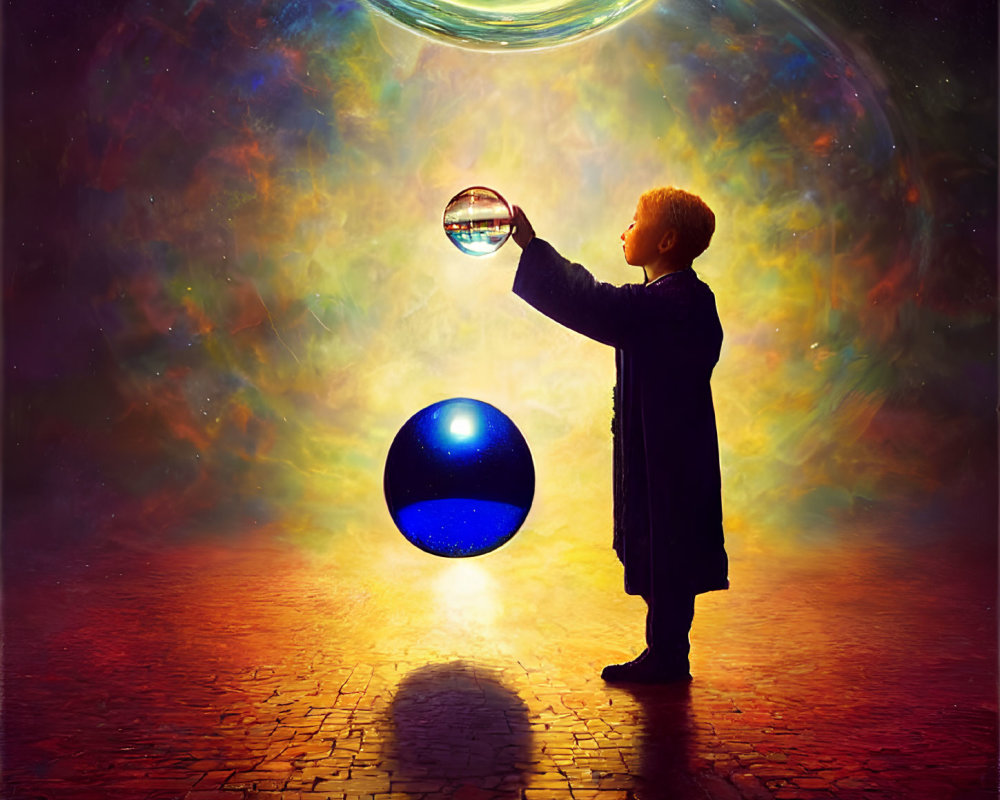 Child in coat holding glowing orb against cosmic backdrop