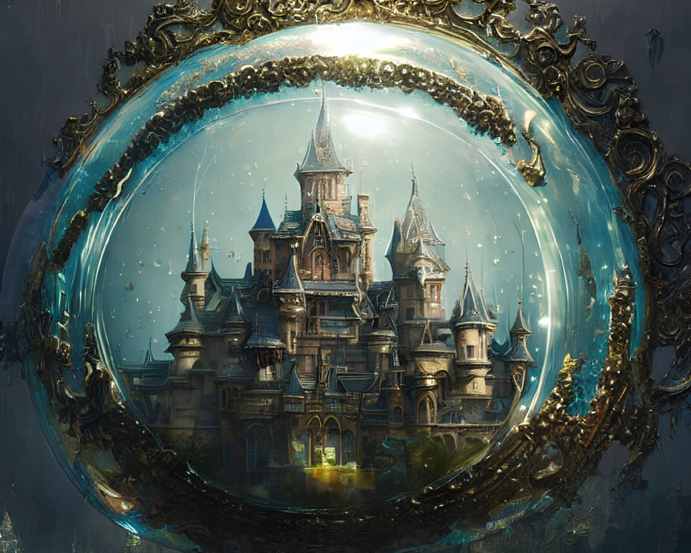 Golden Frame Surrounds Magical Sphere Showing Fantasy Castle