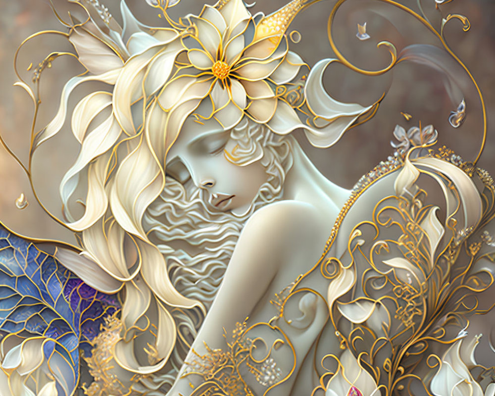 Ethereal figure with golden floral adornments in magical setting