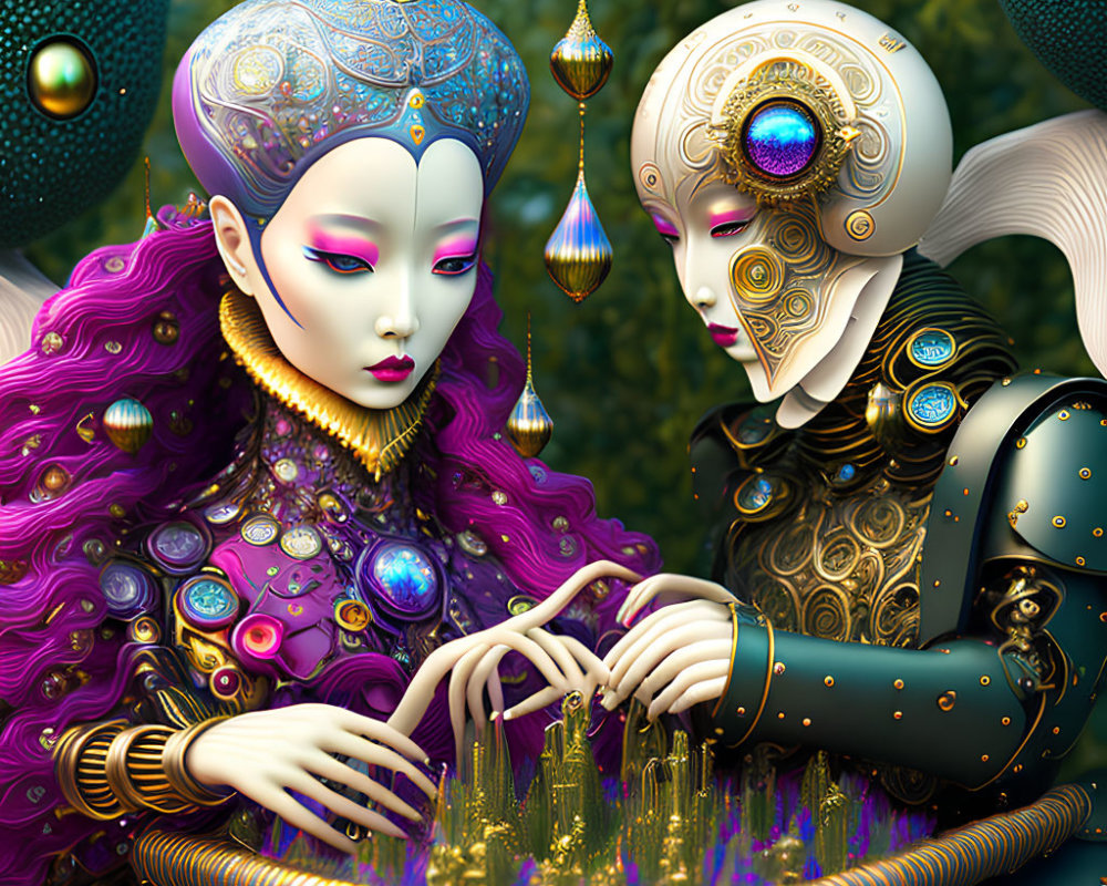 Intricately adorned female figures with vibrant attire in lush, fantastical setting
