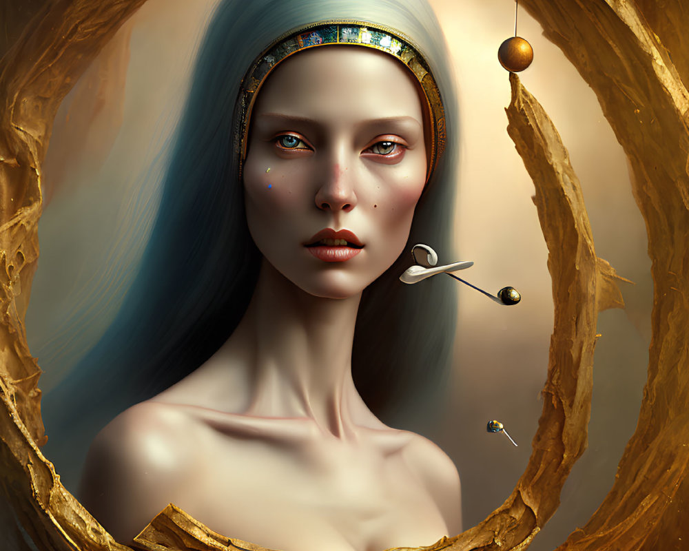 Woman with Blue Hair and Jeweled Headband in Golden Oval with Metallic Spheres