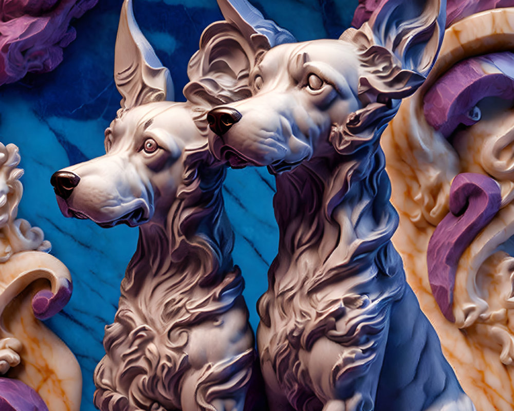 Marble-like sculpted dogs on abstract blue and purple background