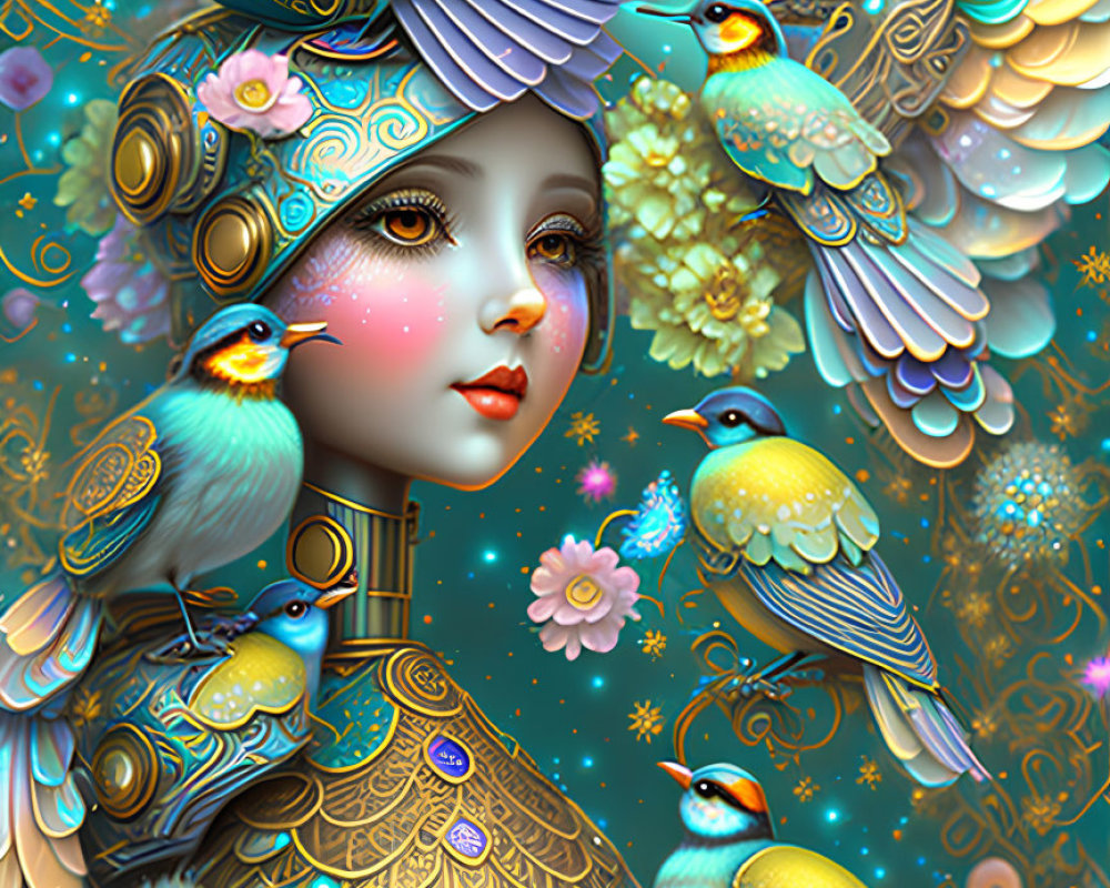 Ornate bird-themed feminine figure surrounded by colorful birds on floral backdrop