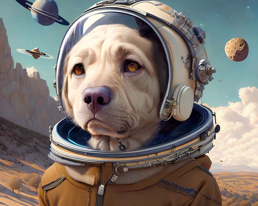 Digital artwork: Dog in astronaut suit on surreal desert planet landscape