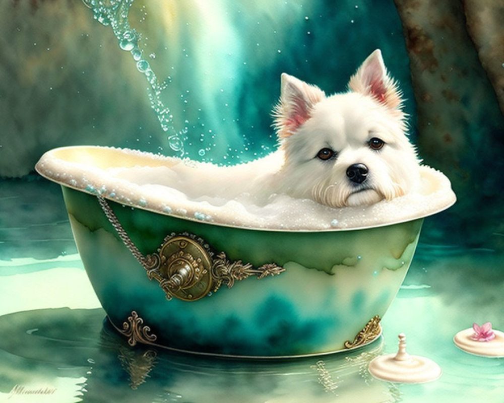 White Dog with Pointed Ears Sitting in Ornate Bathtub