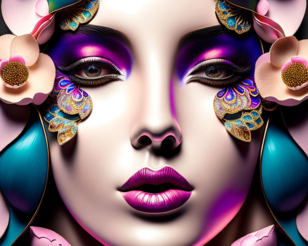 Vibrant Purple Eyeshadow Woman Portrait with Abstract Floral and Gold Accents