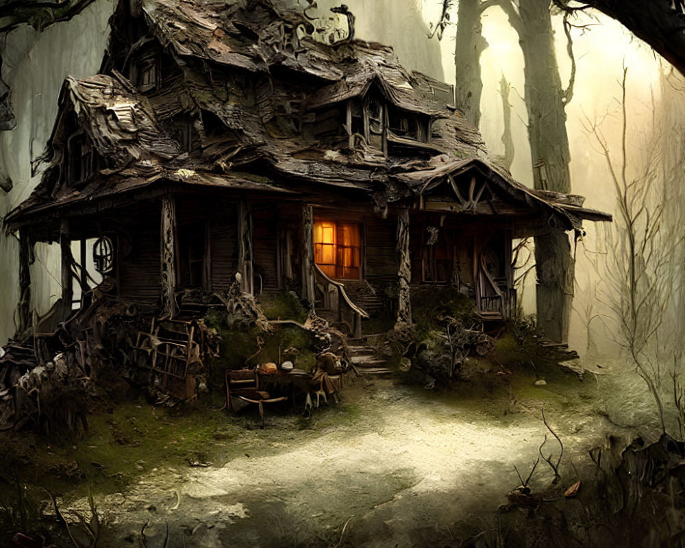 Spooky abandoned wooden house in misty forest clearing