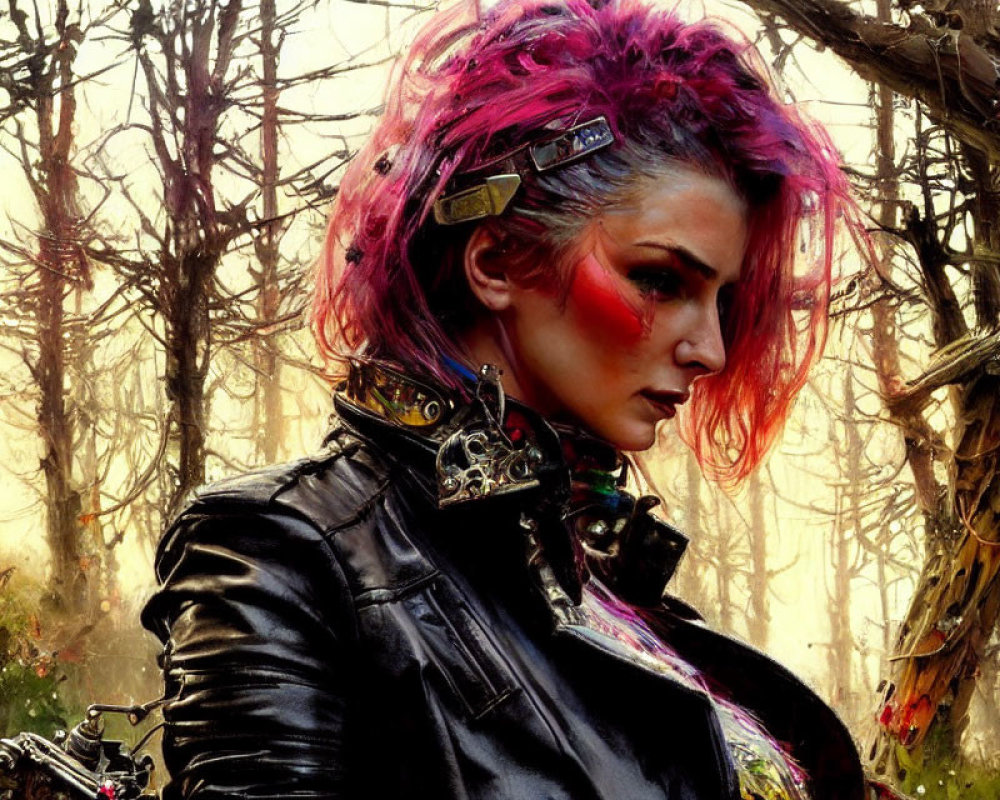 Vibrant pink-haired woman in black jacket in misty forest