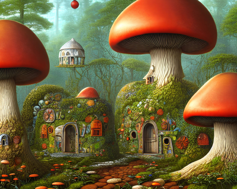 Whimsical forest scene with oversized mushrooms and tiny homes