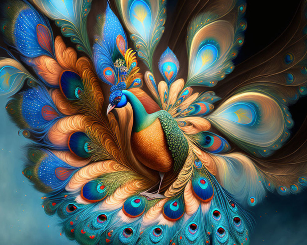 Colorful digital artwork showcasing a vibrant peacock with iridescent blues and oranges