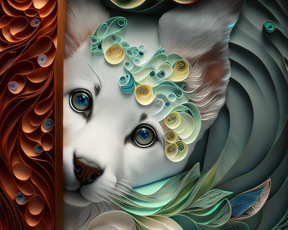 Stylized white cat with blue eyes in intricate swirling patterns
