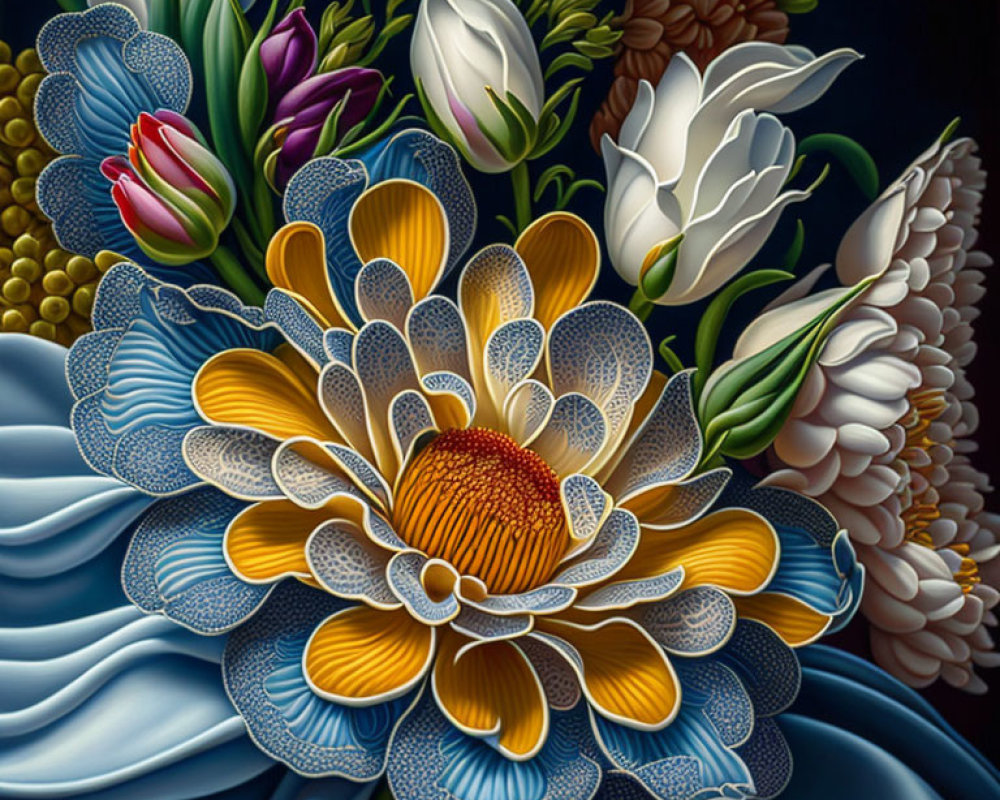 Colorful Flower Painting with Blue and Yellow Bloom, Tulips, and Lilies on Dark Background