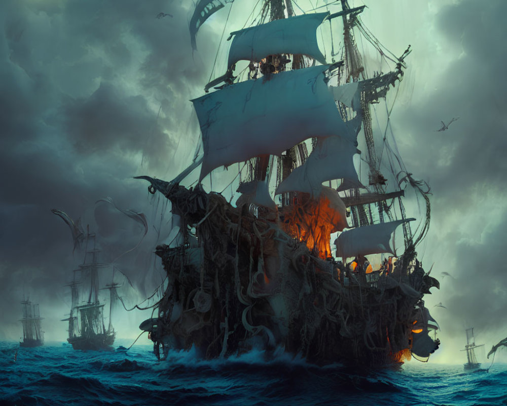 Ghostly pirate ship on fire in stormy sea with other ships and seagulls.