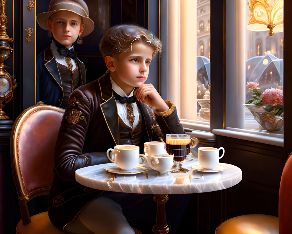 Two elegantly dressed young boys in a posh cafe, one sitting at a table with coffee cups