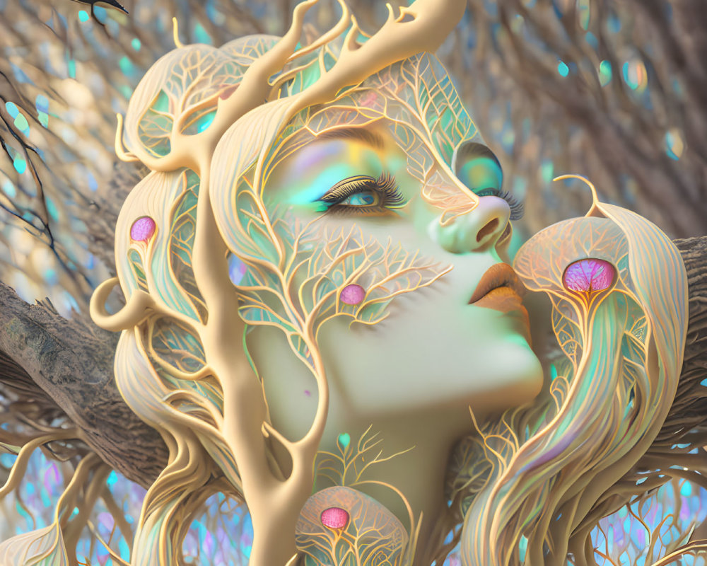 Surreal image: Woman's face merges with vibrant tree branches and leaves