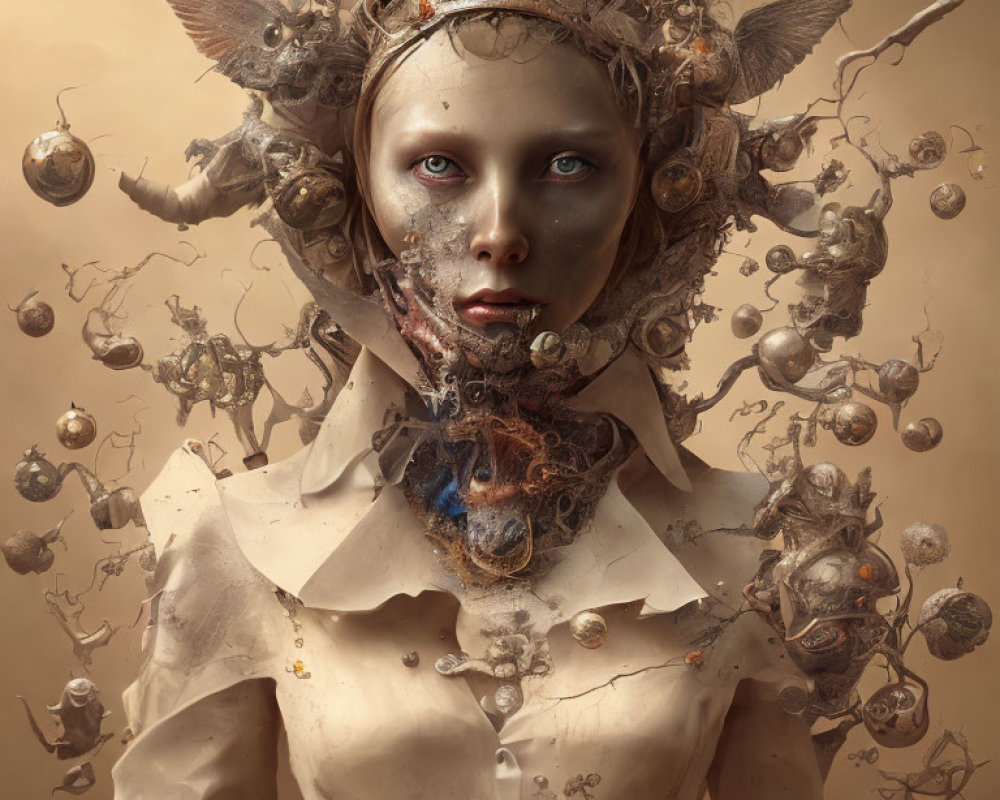 Surreal humanoid portrait with metallic orbs in warm monochrome palette