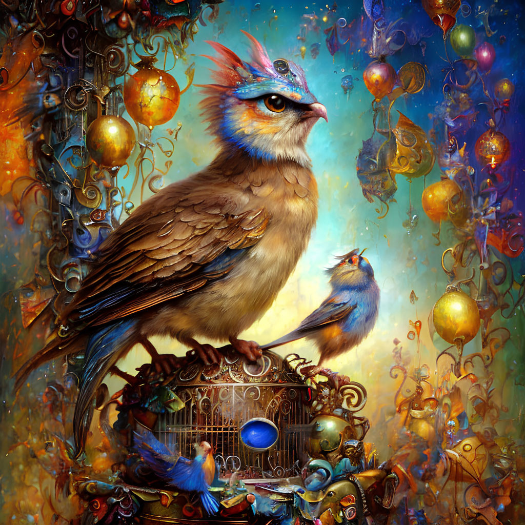 Vibrant painting of large bird on ornate cage with glowing orbs