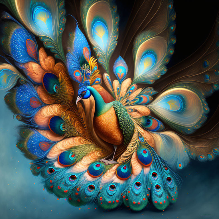 Colorful digital artwork showcasing a vibrant peacock with iridescent blues and oranges