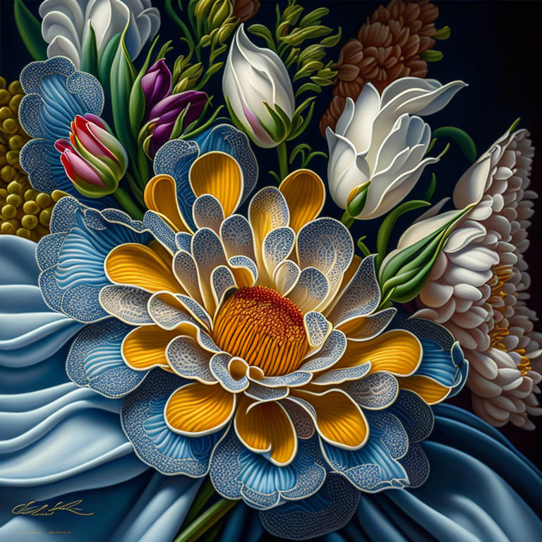 Colorful Flower Painting with Blue and Yellow Bloom, Tulips, and Lilies on Dark Background
