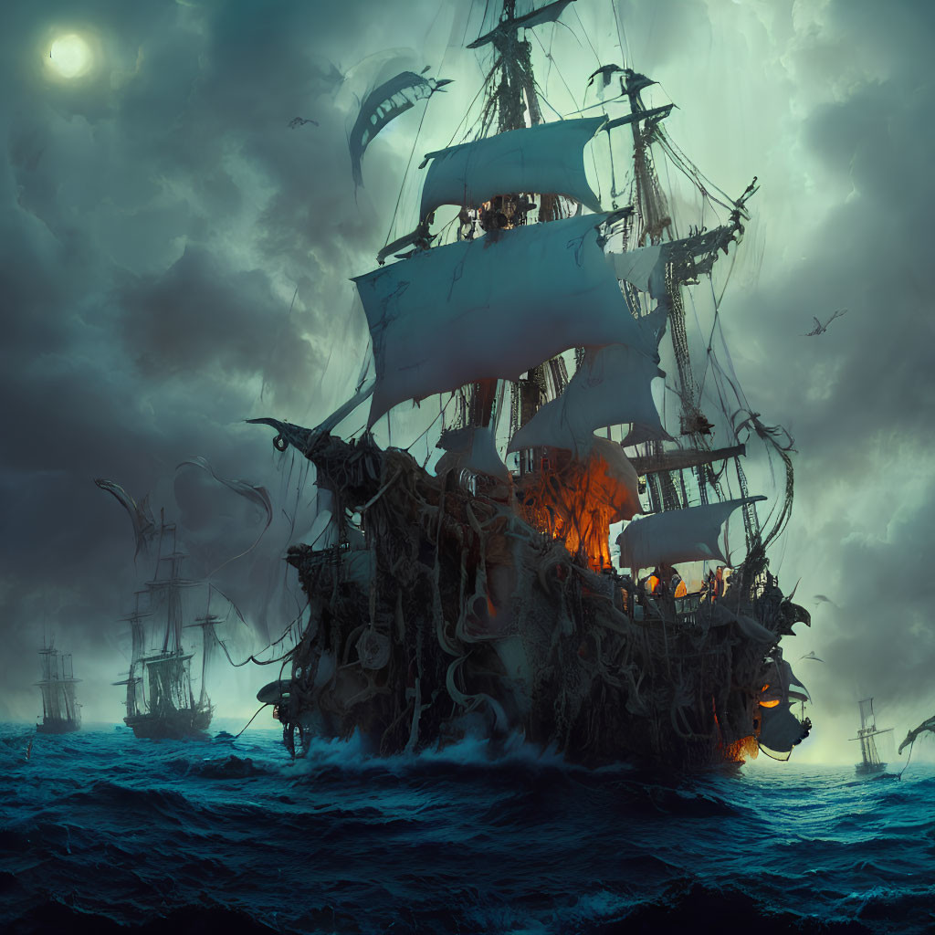Ghostly pirate ship on fire in stormy sea with other ships and seagulls.
