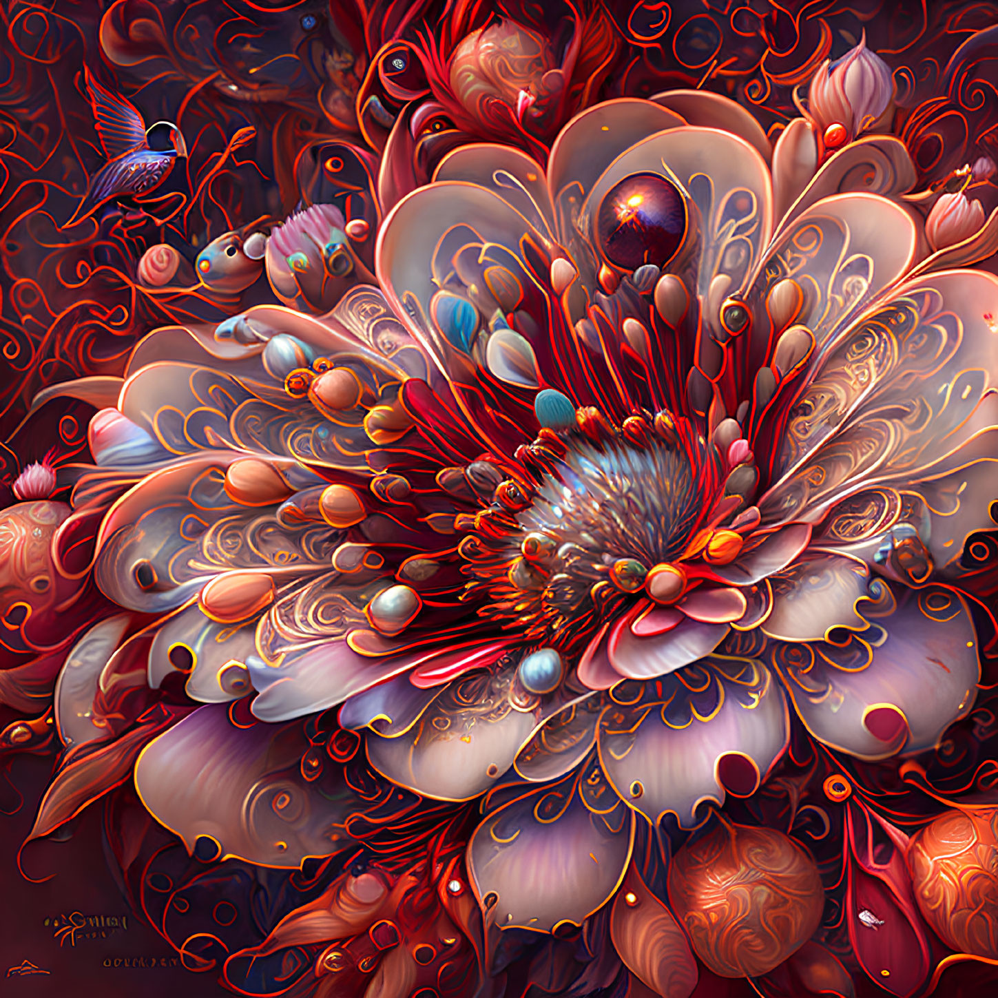 Vibrant oversized flower with red and pink petals, whimsical creatures, and ornate patterns
