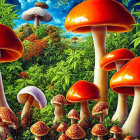 Whimsical forest scene with oversized mushrooms and tiny homes
