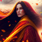 Woman with Blue Eyes in Red Cloak Among Autumn Leaves
